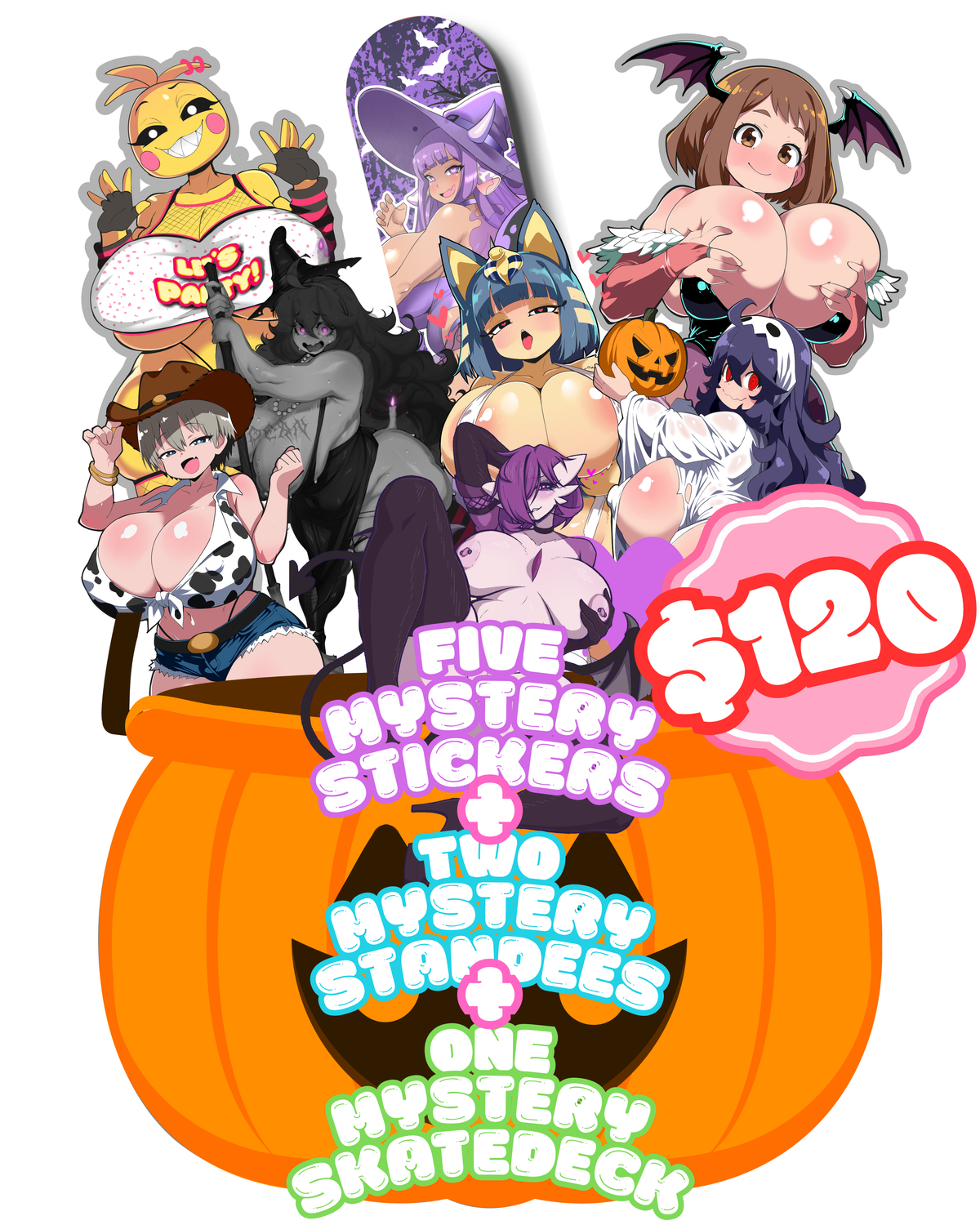 5 MYSTERY STICKERS & 2 MYSTERY STANDEES + 1 MYSTERY SKATEDECK